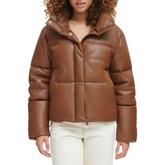 Levi’s Women’s Vegan Leather Quilted Short Puffer Jacket – Caramel, Size Medium - Picture 1 of 4